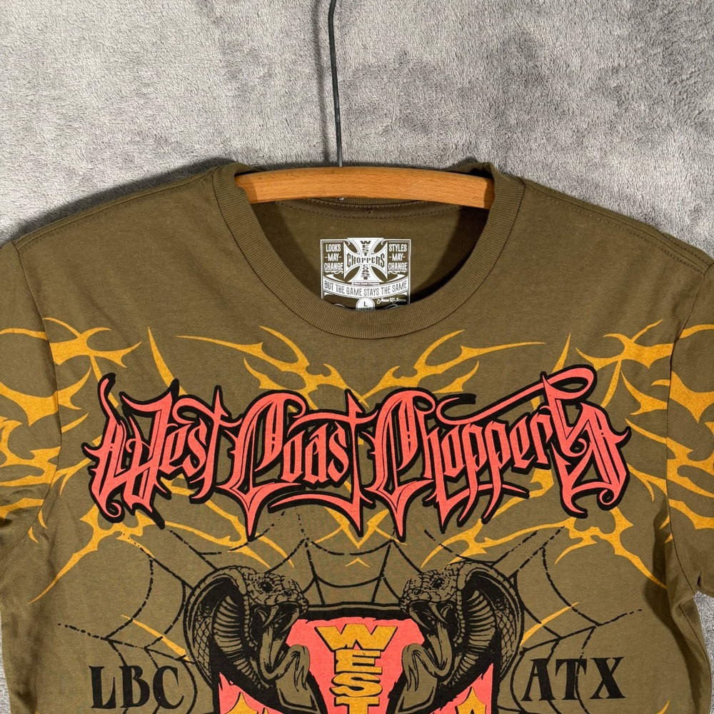 West Coast Choppers Mens Large Olive Green Graphic T-Shirt Cobra Iron Cross Y2K - Picture 6 of 9